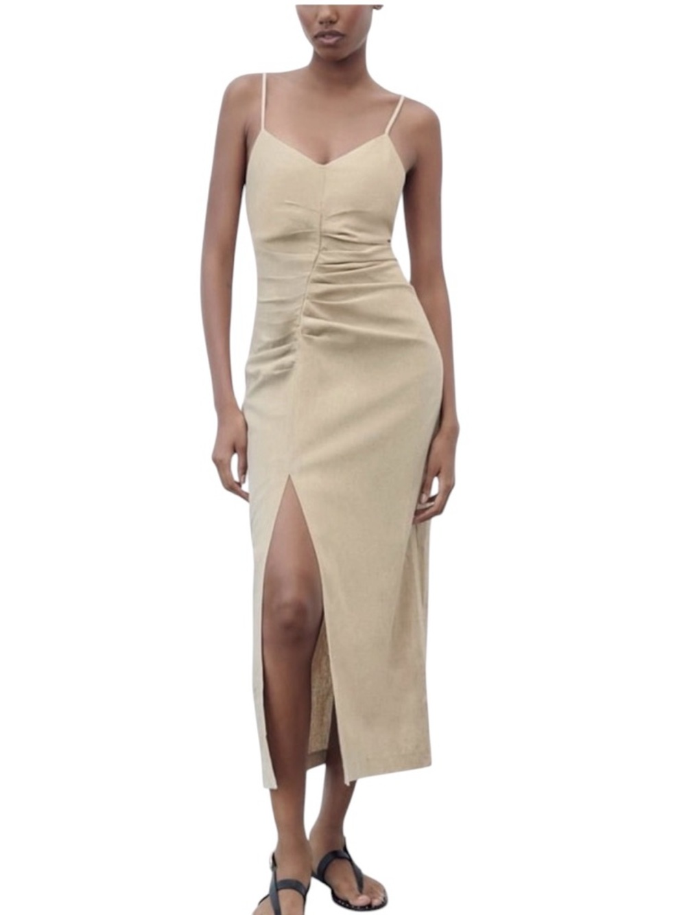 Zara Beige Ruched linen blend slip Dress with Front Slit
